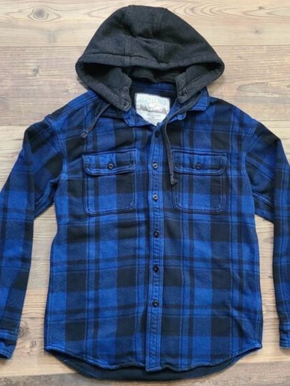 AE Mens Blue Plaid Button Down Shirt with Hood
